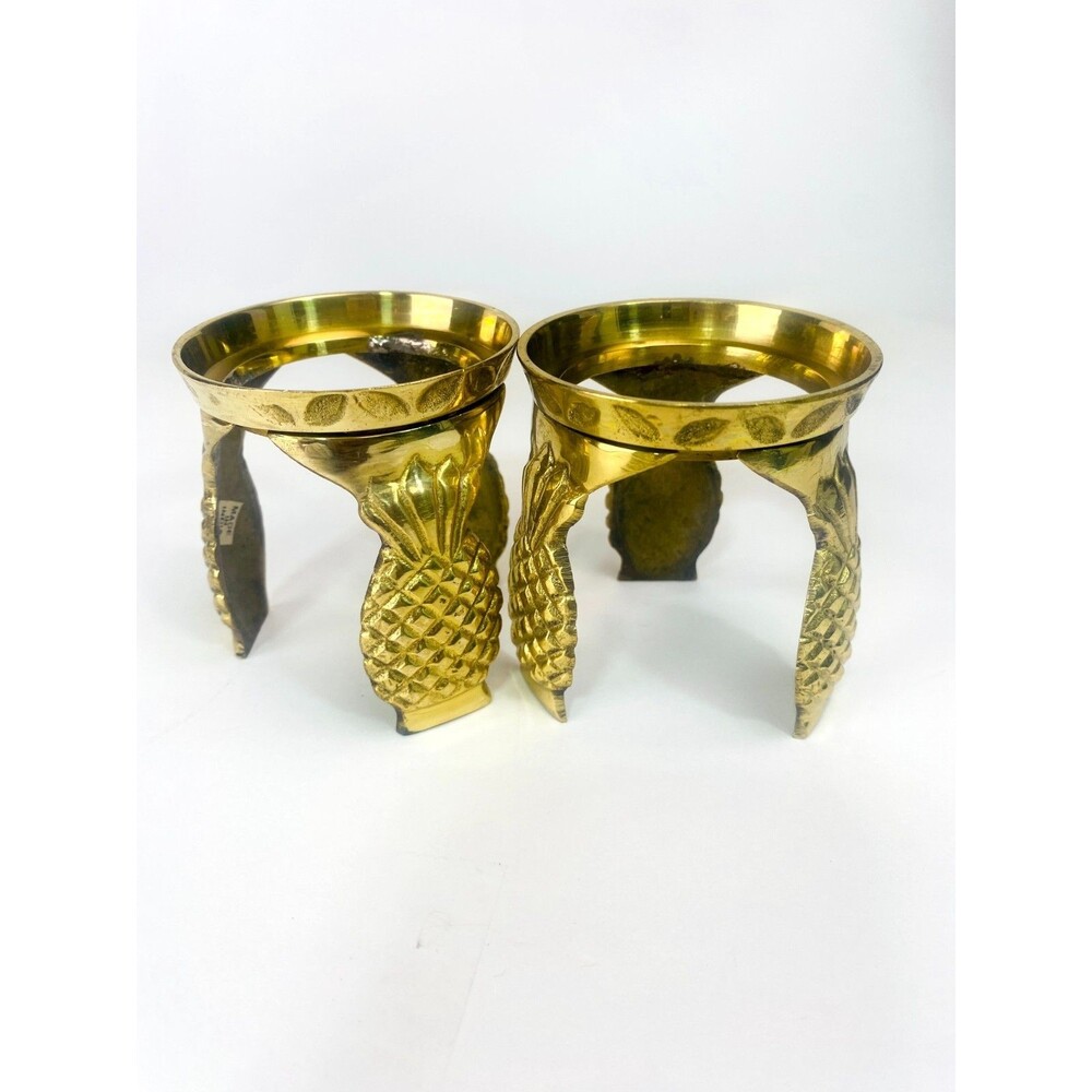 Vintage Brass Pedestal Pineapple Candleholders Display Plant Stands 3 inch Pair